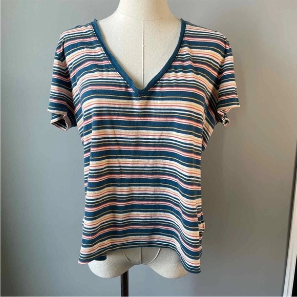 Madewell Do Well Striped V-Neck T-Shirt Size Large | Multicolor Cotton Blend Tee - Picture 1 of 7